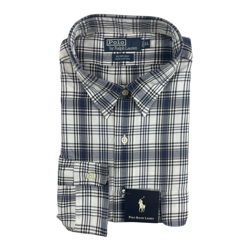 Polo Ralph Lauren Benford Shirt Mens XL White Blue Plaid Cotton Button Front NWT